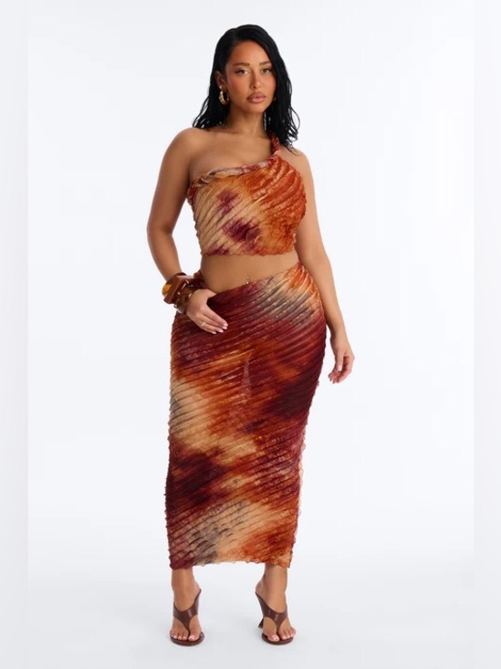 Fashion Nova Dresses & Skirts - Fashion Nova Rust Tie-Dye One-Shoulder Crop Top & Midi Skirt Set NWT